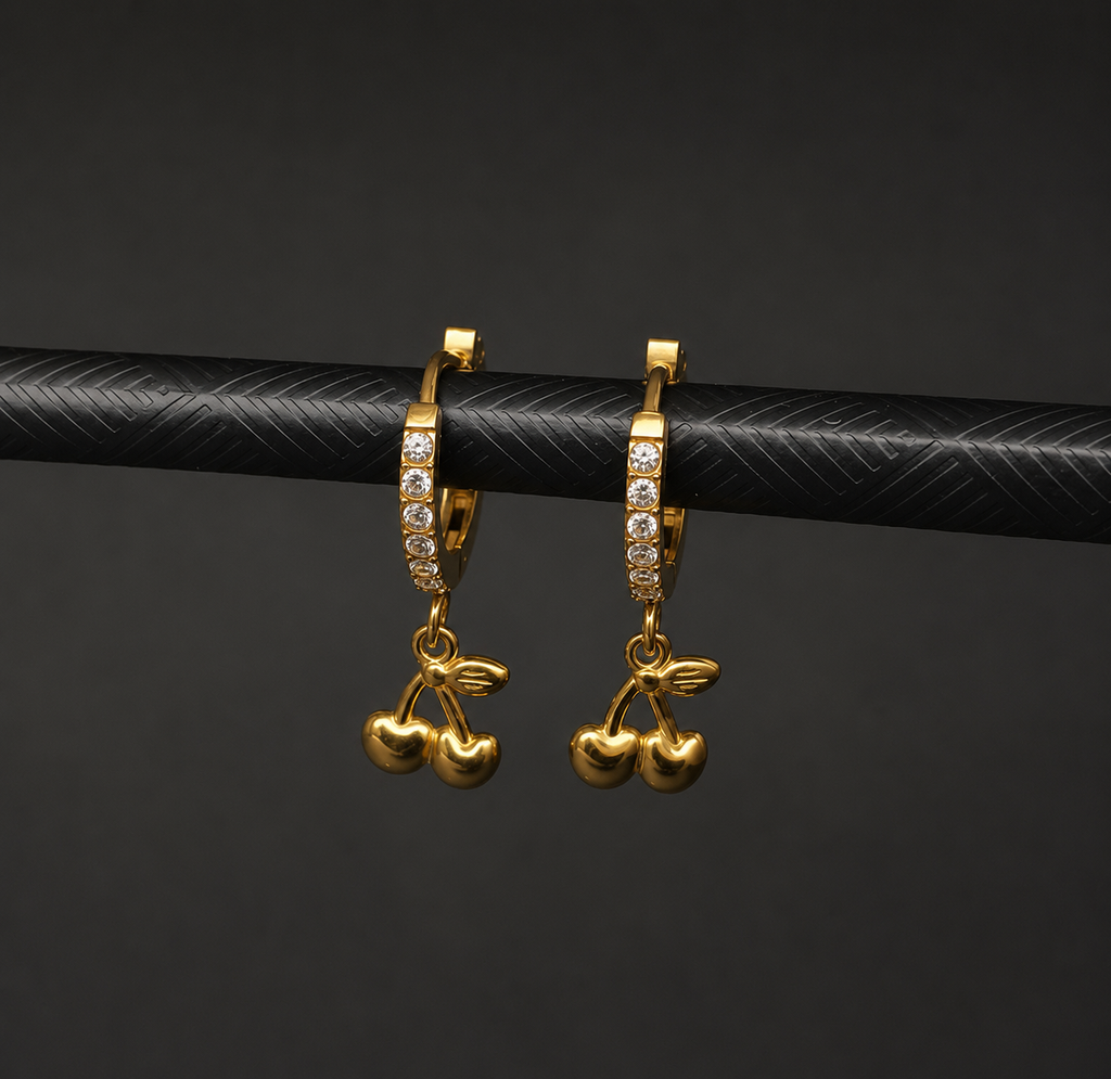 Women’s Gold Cherry Charm Hoop Earrings with Crystal Studded Hoops | Elegant Trendy Mini Hoops