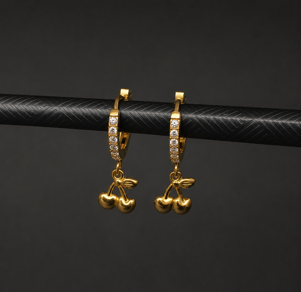 Women’s Gold Cherry Charm Hoop Earrings with Crystal Studded Hoops | Elegant Trendy Mini Hoops