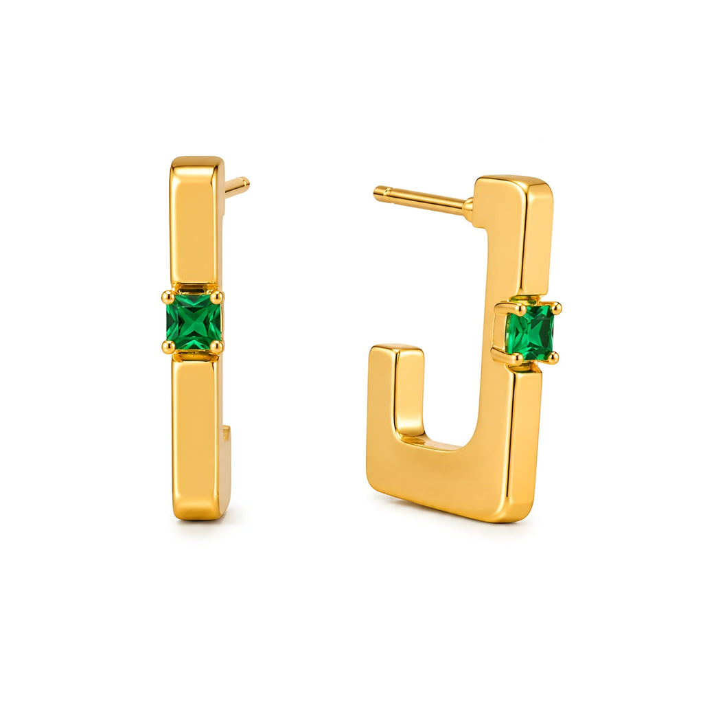 Emerald Green Square Stone Gold-Plated Geometric Hoop Earrings for Women | Trendy Statement Earrings
