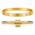 Gold Bracelet Combo for Women | Anti Tarnish Waterproof Stainless Steel Crystal Screw Bangle & Diamond Open Cuff Bracelet | Stackable Luxury Bracelet Set