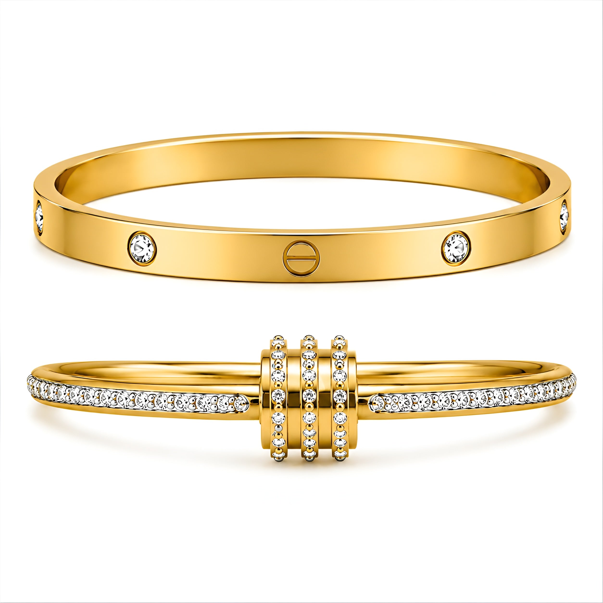 Gold Bracelet Combo for Women | Anti Tarnish Waterproof Stainless Steel Crystal Screw Bangle & Diamond Open Cuff Bracelet | Stackable Luxury Bracelet Set