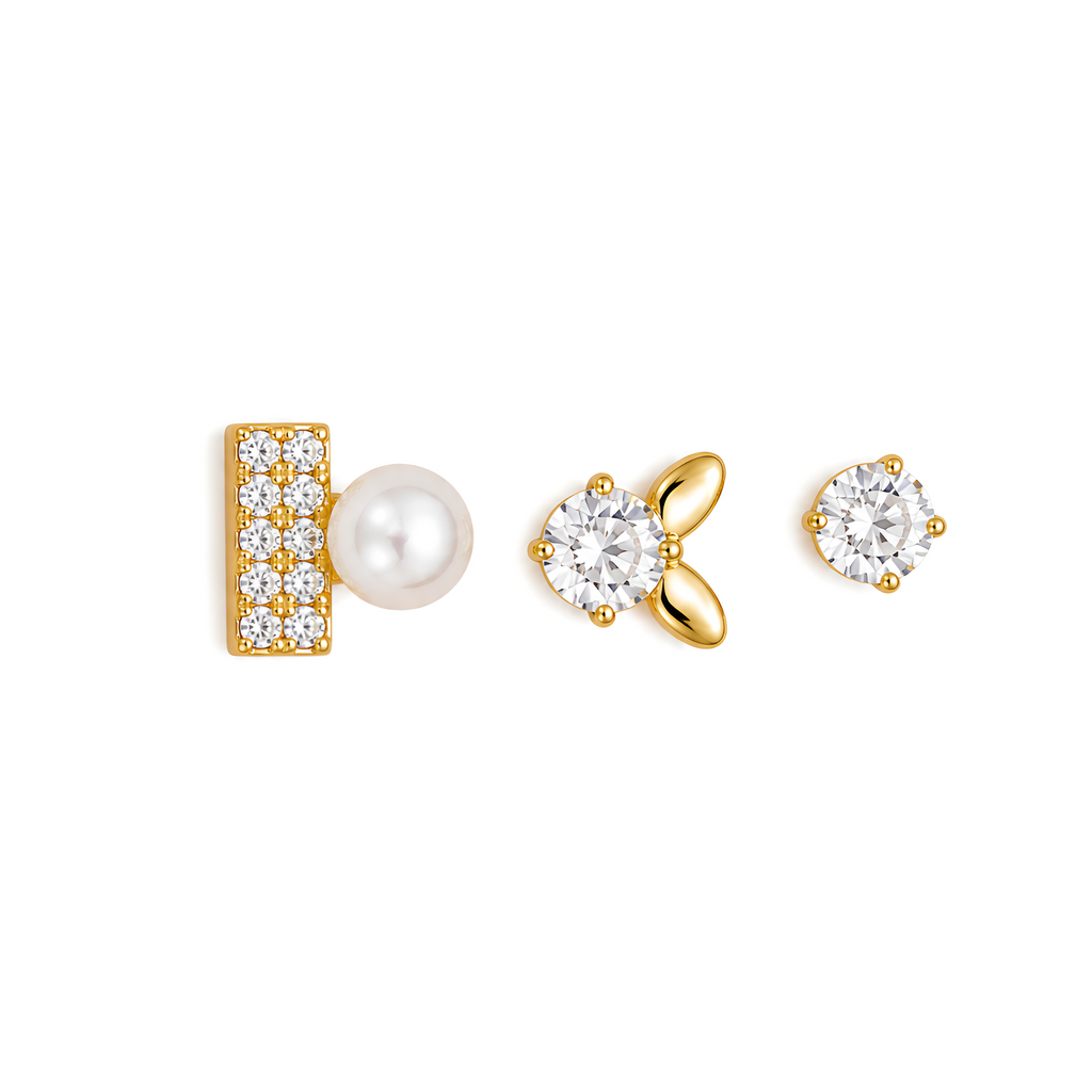 Luxe Trio Stud Earrings Set – Pearl, CZ & Butterfly Gold Plated Combo (Anti-Tarnish)