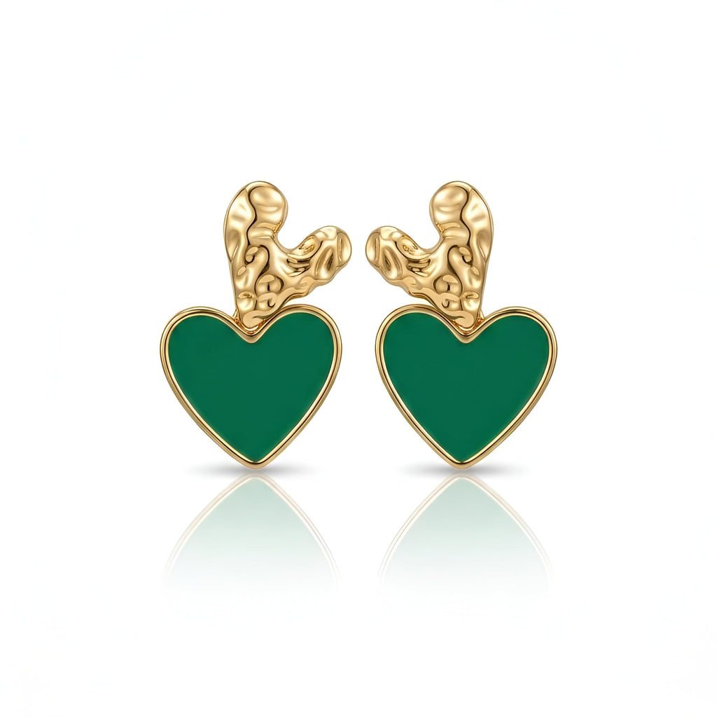 Green Heart Gold Plated Earrings | Designer Statement Earrings