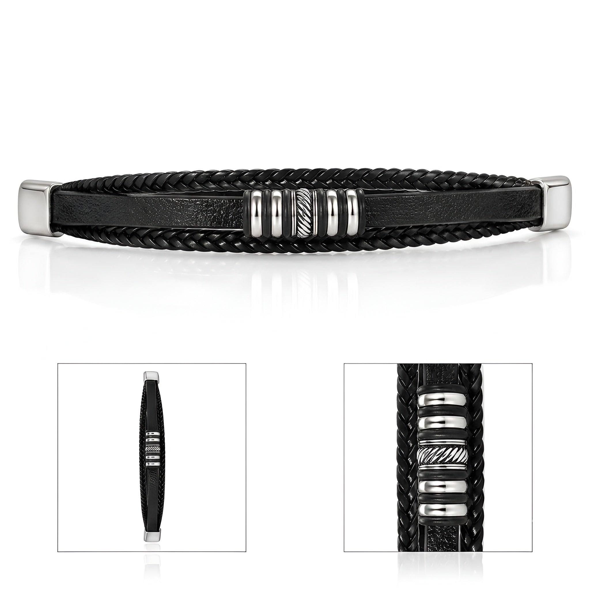 Men's Black Braided Leather Bracelet – Premium Stainless Steel Clasp Bracelet