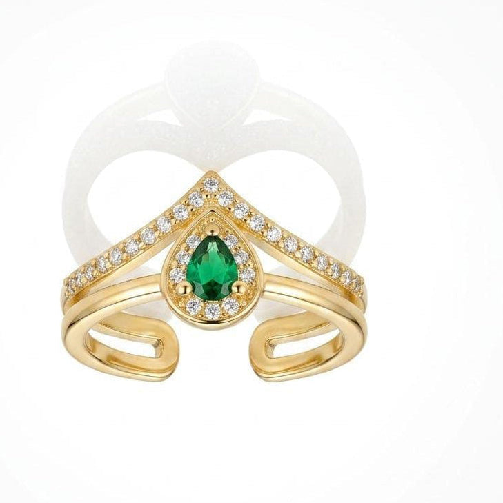 Green Pear Emerald V-Ring – Adjustable Gold Double-Band Ring