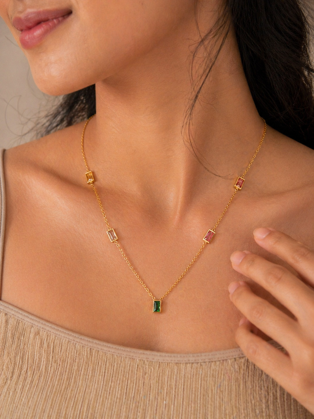 Elysia Multicolor Baguette Stone Gold Necklace