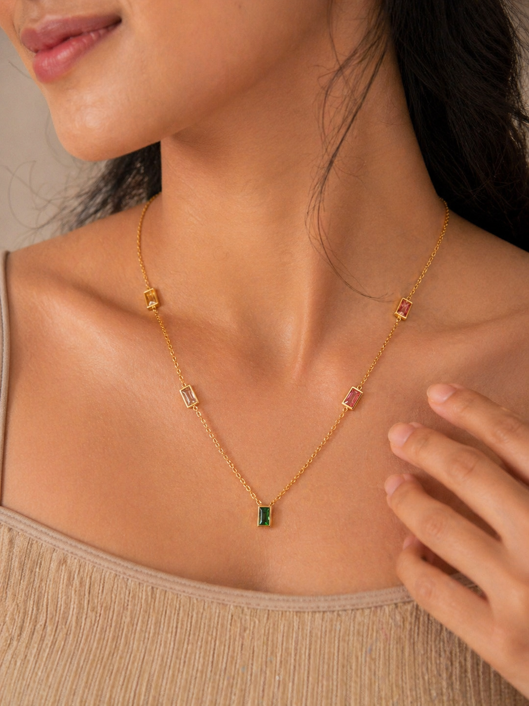 Elysia Multicolor Baguette Stone Gold Necklace