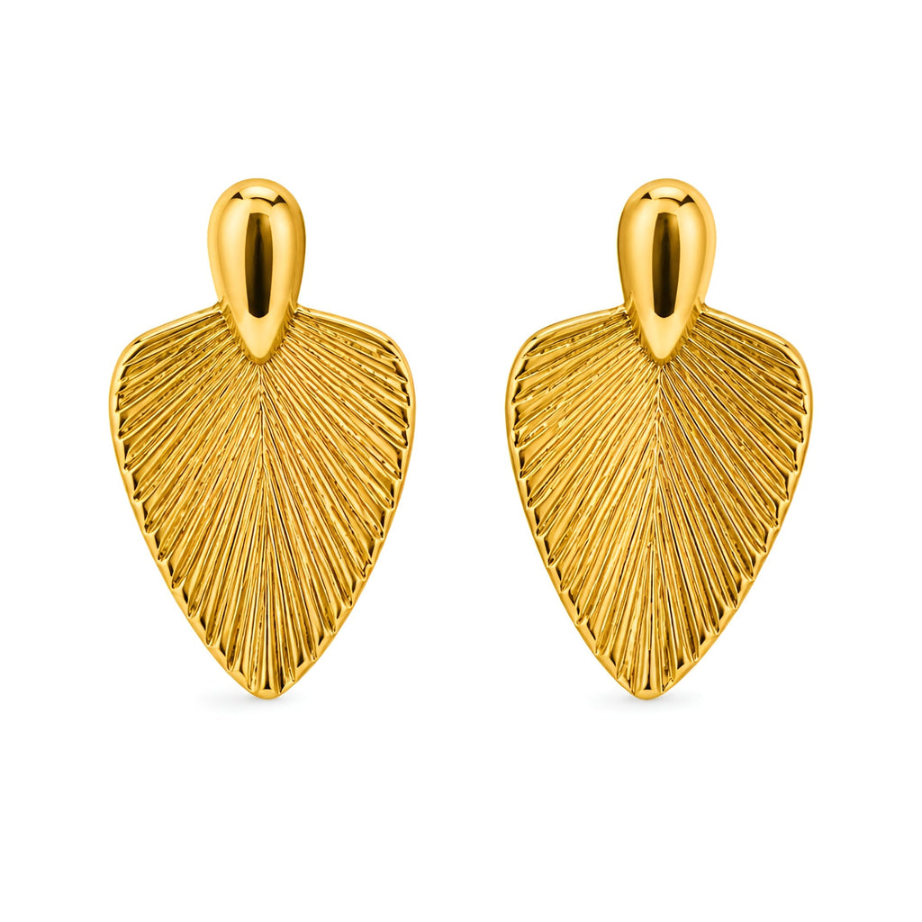 Gold Leaf Statement Earrings for Women | Textured Leaf Drop Earrings