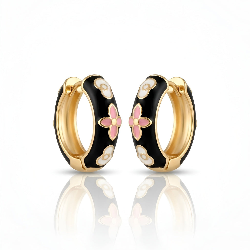 Black Enamel Gold Plated Hoop Earrings | Designer Floral Earrings