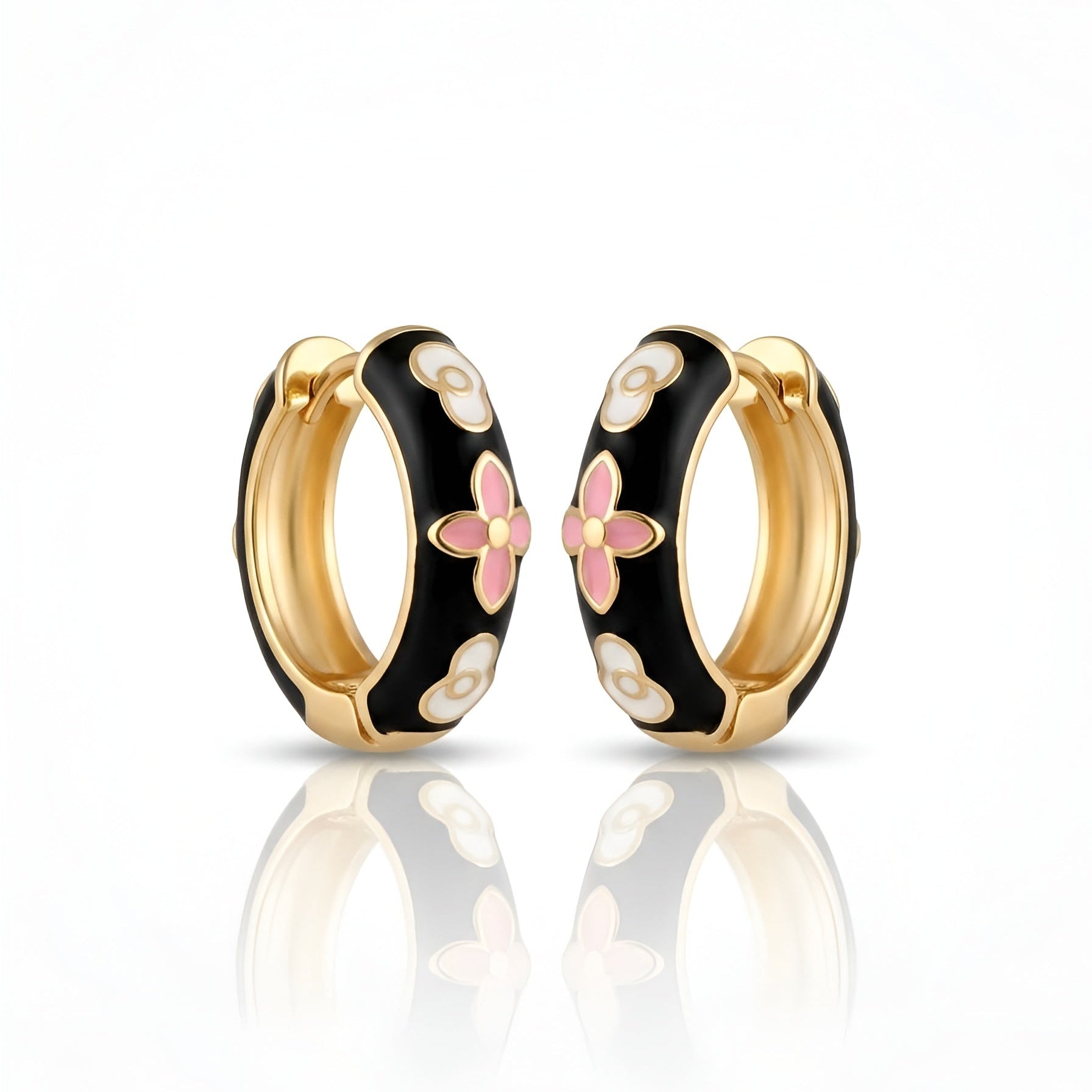 Black Enamel Gold Plated Hoop Earrings | Designer Floral Earrings