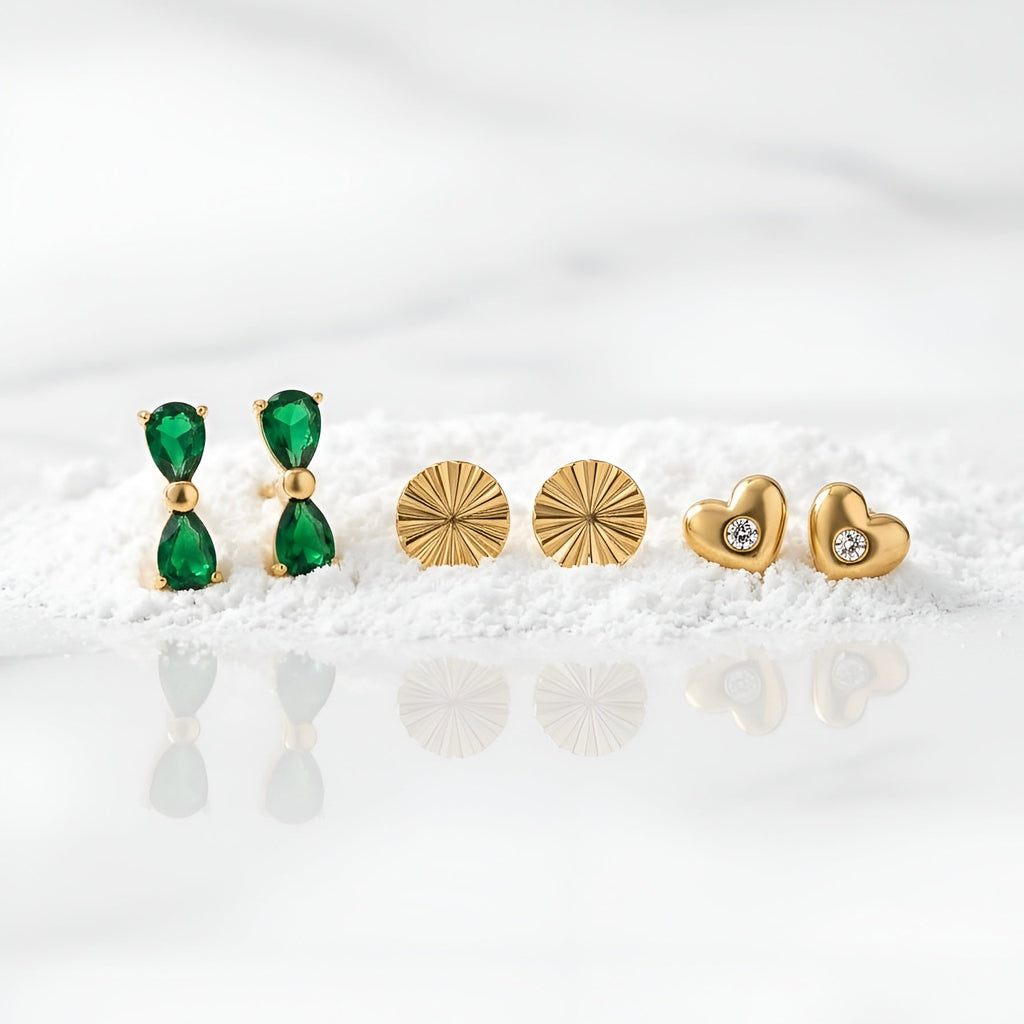 Gold Plated Earrings Combo Set | Green Crystal & Heart Studs