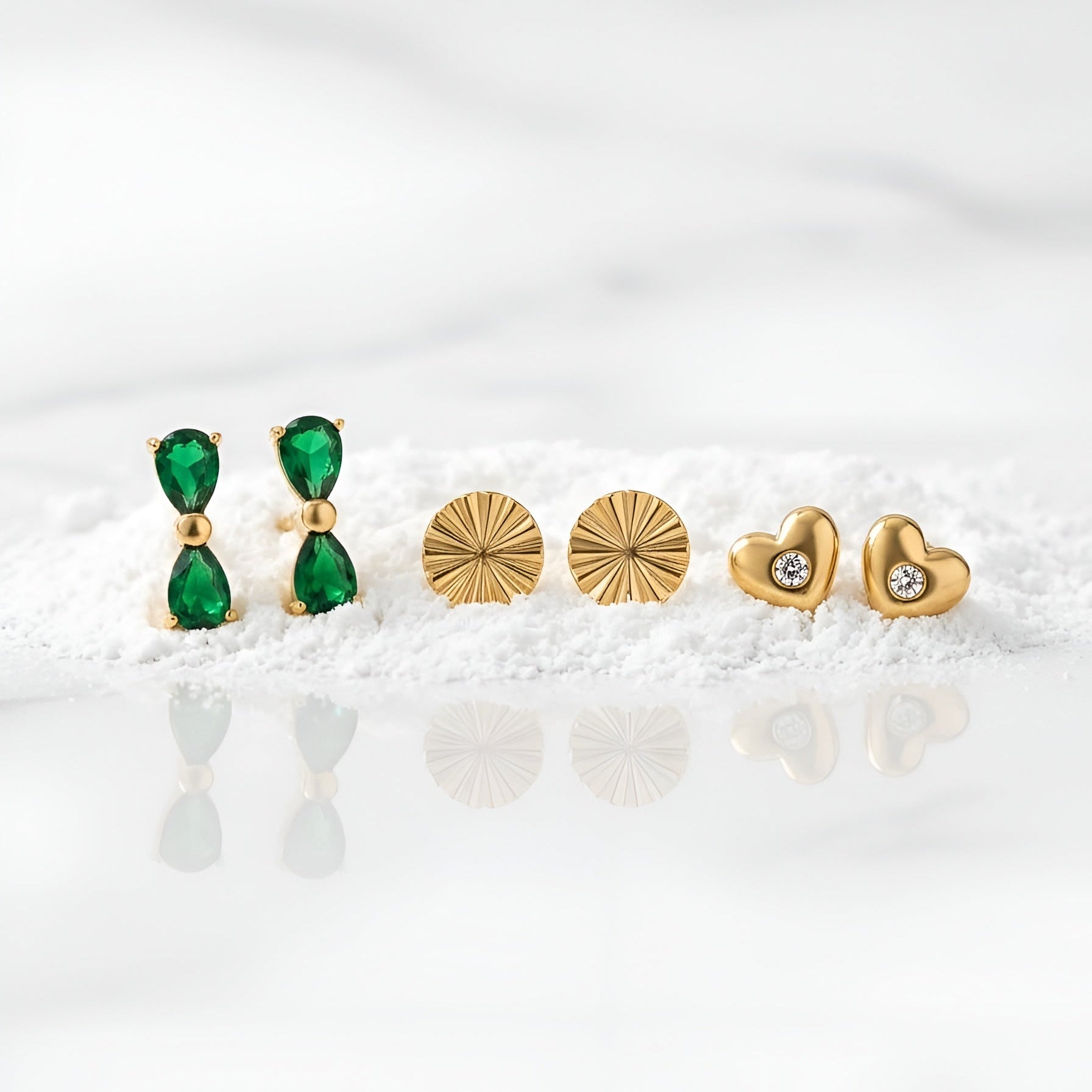 Gold Plated Earrings Combo Set | Green Crystal & Heart Studs
