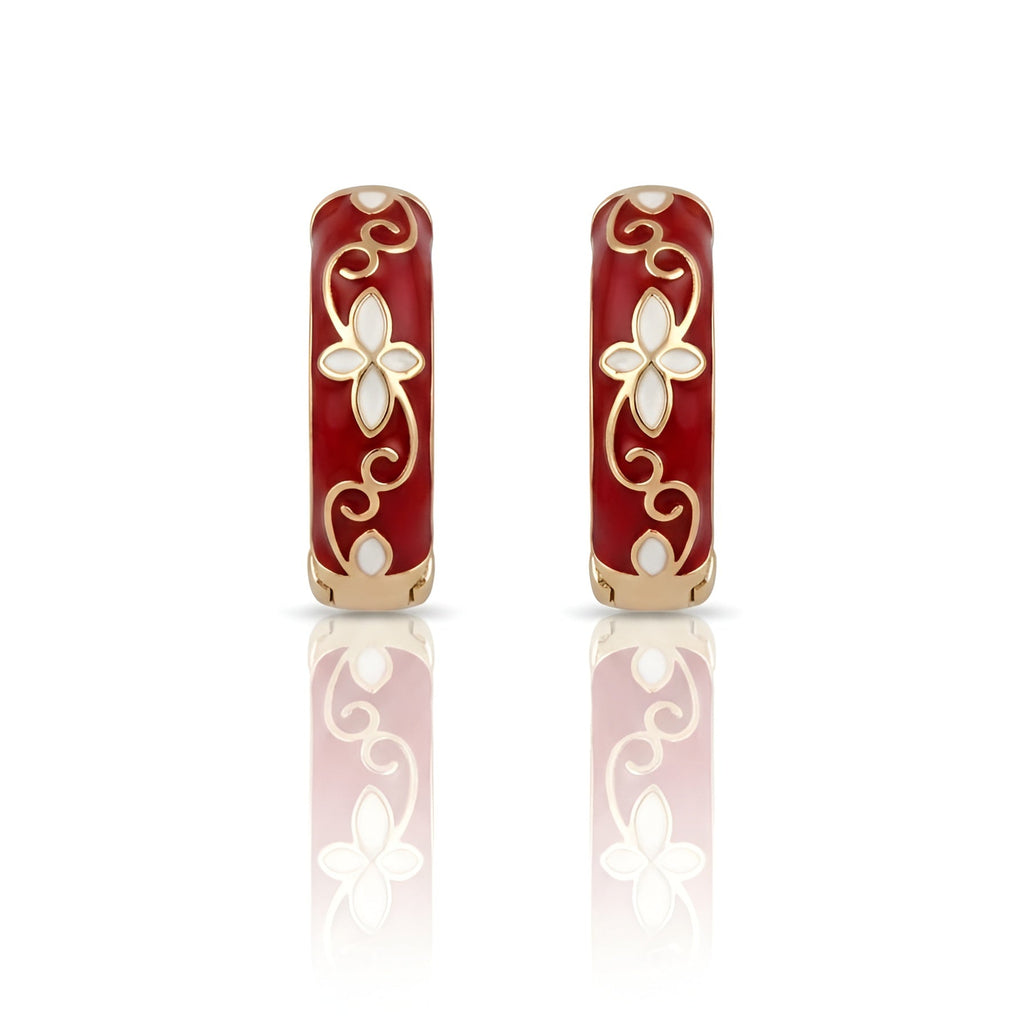 Red Enamel Gold Plated Hoop Earrings | Floral Designer Jewelry